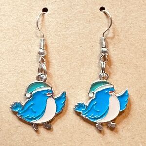Stainless Steel Earring Hooks Bluebird with Green and White Santa Hat Handmade
